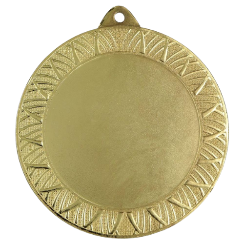Złoty medal sportowy MMC3080/G – duży okrągły medal śr. 7 cm z miejscem na emblemat i geometrycznym wzorem. Idealna nagroda na zawody sportowe, turnieje szkolne i klubowe.