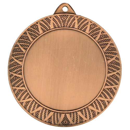 Brązowy medal sportowy MMC3080/B – duży okrągły medal śr. 7 cm z miejscem na emblemat i geometrycznym wzorem. Idealna nagroda na zawody sportowe, turnieje szkolne i klubowe.