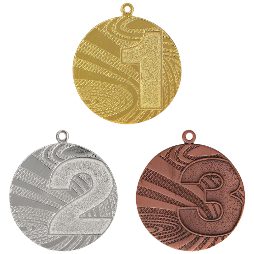 Medale sportowe złoty srebrny brązowy MMC6040 – okrągłe medale śr. 4 cm z numerami miejsc 1, 2, 3. Gotowa nagroda na zawody sportowe, turnieje szkolne i klubowe bez potrzeby dodatkowego emblematu.