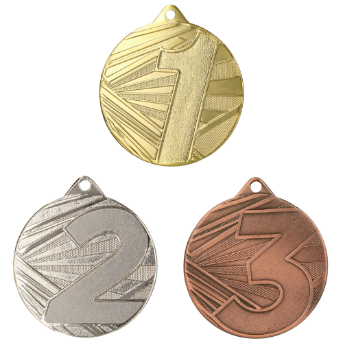 Medale sportowe złoty srebrny brązowy ME005 – okrągłe medale śr. 5 cm z numerami miejsc 1, 2, 3. Gotowa nagroda na zawody sportowe, turnieje szkolne i klubowe bez potrzeby dodatkowego emblematu.