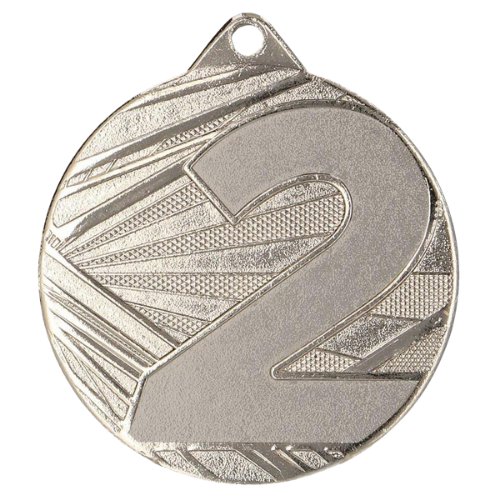 Srebrny medal sportowy ME005/S – miejsce 2 – okrągły medal śr. 5 cm z numerem 2. Gotowa nagroda na zawody sportowe i turnieje szkolne.
