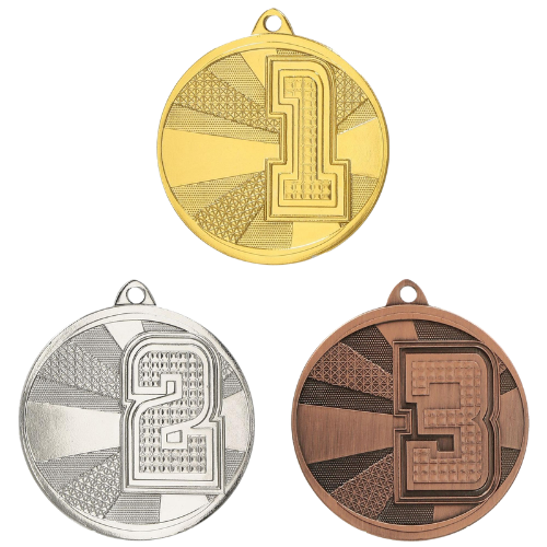 Medale sportowe złoty srebrny brązowy MMC29050 – okrągłe medale śr. 5 cm z dużymi numerami miejsc 1, 2, 3. Gotowa nagroda na zawody sportowe, turnieje szkolne i klubowe bez potrzeby dodatkowego emblematu.