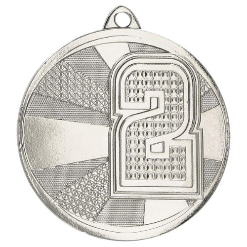 Srebrny medal sportowy MMC29050/S – miejsce 2 – okrągły medal śr. 5 cm z dużym numerem 2. Gotowa nagroda na zawody sportowe i turnieje szkolne.