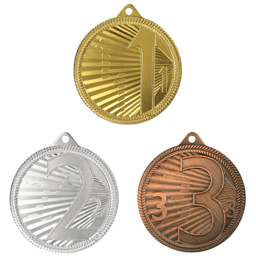 Medale sportowe złoty srebrny brązowy MMC44050 – okrągłe medale śr. 5 cm z numerami miejsc 1, 2, 3 i wzorem promieni. Gotowa nagroda na zawody sportowe, turnieje szkolne i klubowe.