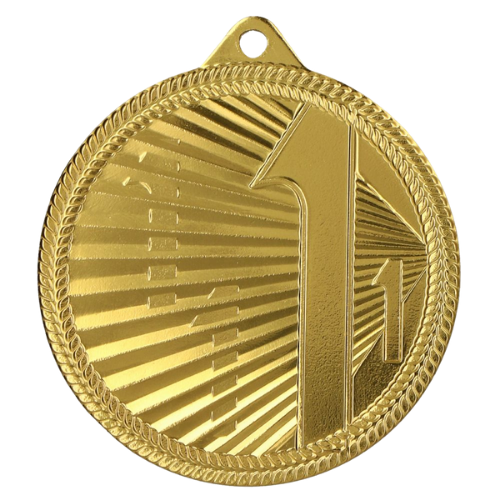 Złoty medal sportowy MMC44050/G – miejsce 1 – okrągły medal śr. 5 cm z numerem 1 i wzorem promieni. Gotowa nagroda na zawody sportowe i turnieje szkolne.