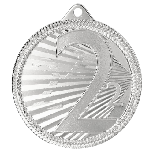 Srebrny medal sportowy MMC44050/S – miejsce 2 – okrągły medal śr. 5 cm z numerem 2 i wzorem promieni. Gotowa nagroda na zawody sportowe i turnieje szkolne.