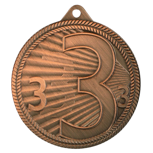 Brązowy medal sportowy MMC44050/B – miejsce 3 – okrągły medal śr. 5 cm z numerem 3 i wzorem promieni. Gotowa nagroda na zawody sportowe i turnieje szkolne.