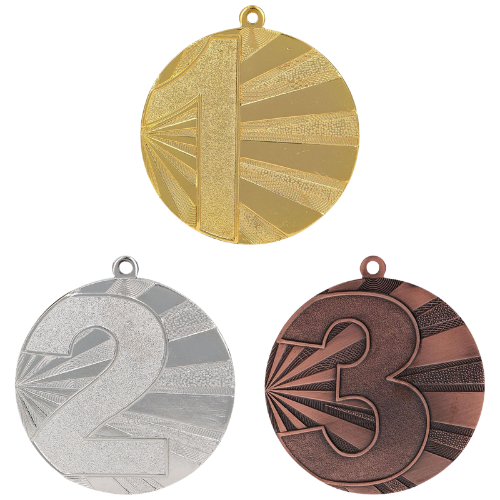 Medale sportowe złoty srebrny brązowy MMC7071 – duże okrągłe medale śr. 7 cm z numerami miejsc 1, 2, 3 i wzorem promieni. Gotowa nagroda na zawody sportowe, turnieje szkolne i klubowe.
