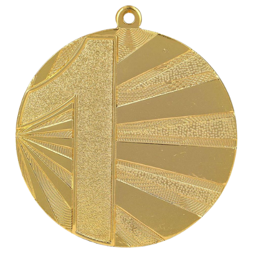 Złoty medal sportowy MMC7071/G – miejsce 1 – duży okrągły medal śr. 7 cm z numerem 1 i wzorem promieni. Gotowa nagroda na zawody sportowe i turnieje szkolne.