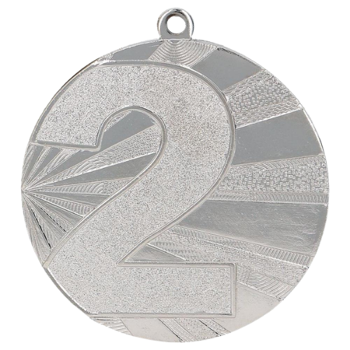 Srebrny medal sportowy MMC7071/S – miejsce 2 – duży okrągły medal śr. 7 cm z numerem 2 i wzorem promieni. Gotowa nagroda na zawody sportowe i turnieje szkolne.