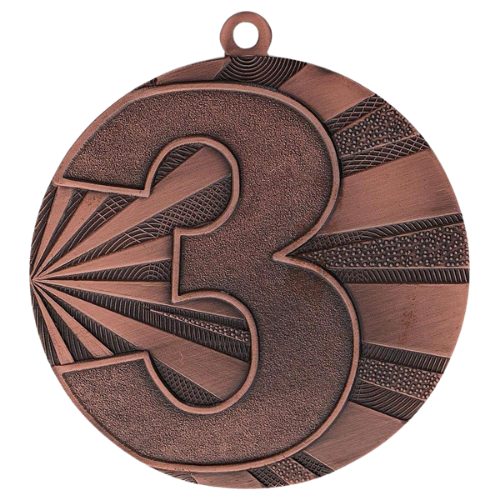 Brązowy medal sportowy MMC7071/B – miejsce 3 – duży okrągły medal śr. 7 cm z numerem 3 i wzorem promieni. Gotowa nagroda na zawody sportowe i turnieje szkolne.