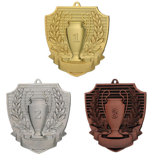 Medale sportowe MD8056 – złoto, srebro, brąz – metalowe medale z pucharem i wieńcem laurowym, śr. 7 cm. Dostępne na miejsca I, II i III. Idealne nagrody na zawody i turnieje.