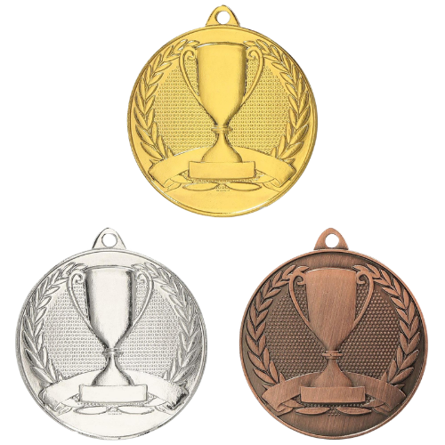 Medale sportowe złoty srebrny brązowy MMC30050 – okrągłe medale śr. 5 cm z motywem pucharu i wieńcem laurowym. Idealna nagroda na zawody sportowe, turnieje szkolne i klubowe.