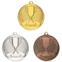 Medale sportowe złoty srebrny brązowy MMC30050 – okrągłe medale śr. 5 cm z motywem pucharu i wieńcem laurowym. Idealna nagroda na zawody sportowe, turnieje szkolne i klubowe.