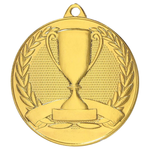 Złoty medal sportowy MMC30050/G – okrągły medal śr. 5 cm z motywem pucharu i wieńcem laurowym. Idealna nagroda na zawody sportowe i turnieje szkolne.