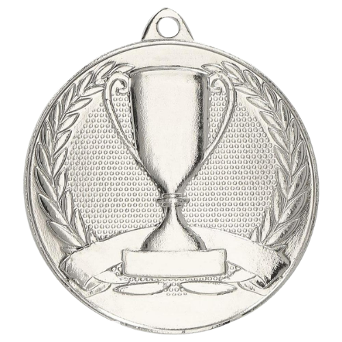 Srebrny medal sportowy MMC30050/S – okrągły medal śr. 5 cm z motywem pucharu i wieńcem laurowym. Idealna nagroda na zawody sportowe i turnieje szkolne.