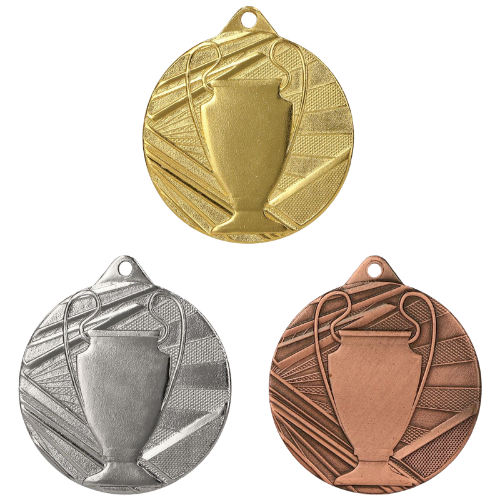 Medale sportowe złoty srebrny brązowy ME007 – okrągłe medale śr. 5 cm z motywem pucharu i wzorem promieni. Idealna nagroda na zawody sportowe, turnieje szkolne i klubowe.