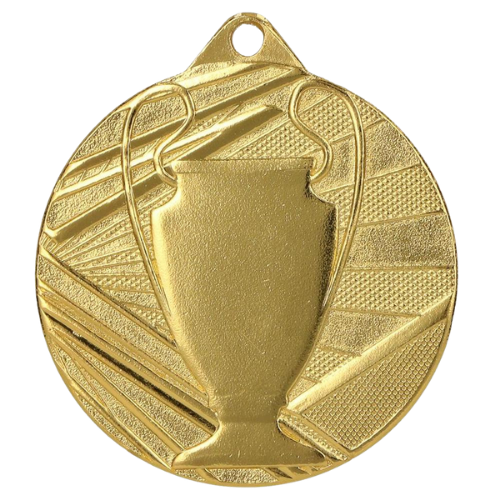 Złoty medal sportowy ME007/G – okrągły medal śr. 5 cm z motywem pucharu i wzorem promieni. Idealna nagroda na zawody sportowe i turnieje szkolne.