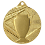 Złoty medal sportowy ME007/G – okrągły medal śr. 5 cm z motywem pucharu i wzorem promieni. Idealna nagroda na zawody sportowe i turnieje szkolne.