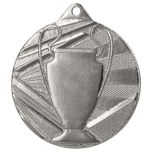 Srebrny medal sportowy ME007/S – okrągły medal śr. 5 cm z motywem pucharu i wzorem promieni. Idealna nagroda na zawody sportowe i turnieje szkolne.