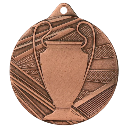 Brązowy medal sportowy ME007/B – okrągły medal śr. 5 cm z motywem pucharu i wzorem promieni. Idealna nagroda na zawody sportowe i turnieje szkolne.