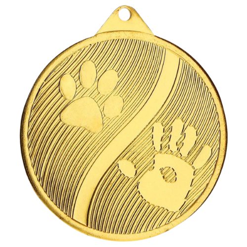 Złoty medal dla psa MMC20050/G – okrągły medal śr. 5 cm z motywem łap. Idealna nagroda na wystawę psów, zawody agility i inne imprezy zoologiczne.