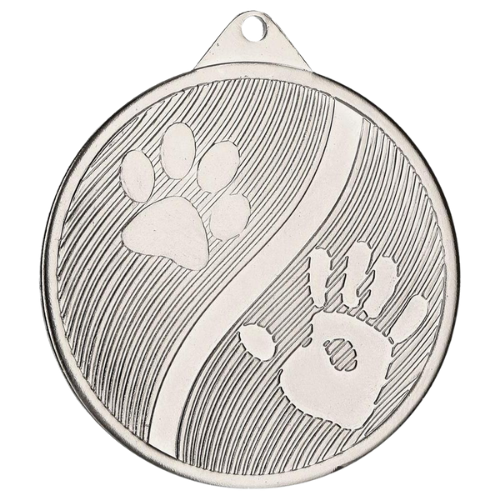 Srebrny medal dla psa MMC20050/S – okrągły medal śr. 5 cm z motywem łap. Idealna nagroda na wystawę psów, zawody agility i inne imprezy zoologiczne.