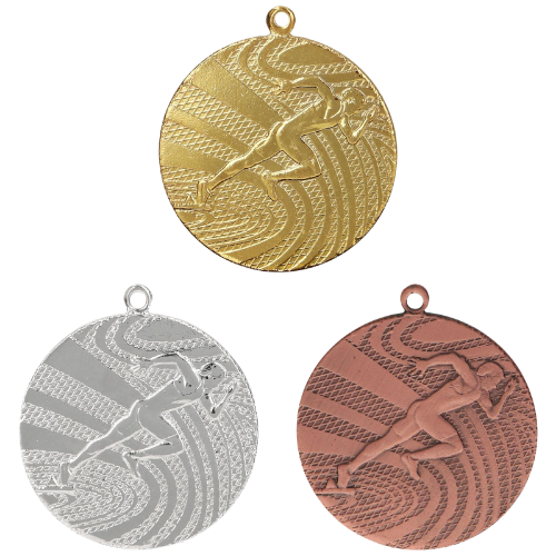Medale dla biegaczy złoty srebrny brązowy MMC1740 – okrągłe medale śr. 4 cm z motywem biegacza. Idealna nagroda na maraton, bieg uliczny i szkolne zawody lekkoatletyczne.