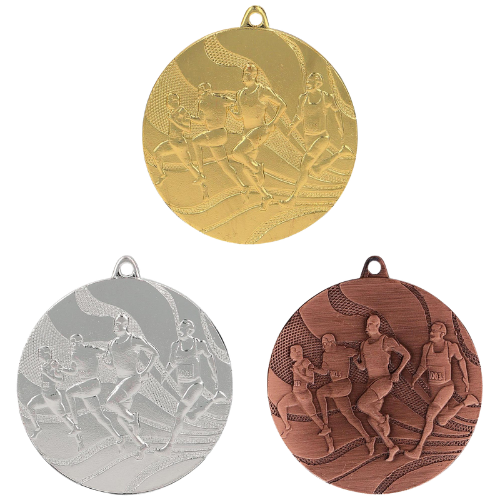 Medale dla biegaczy złoty srebrny brązowy MMC2350 – okrągłe medale śr. 5 cm z reliefem biegaczy w akcji. Idealna nagroda na maraton, bieg uliczny i szkolne zawody lekkoatletyczne.
