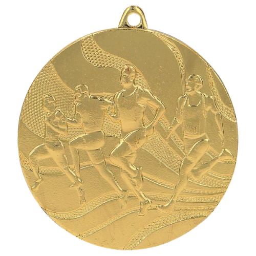 Złoty medal dla biegacza MMC2350/G – okrągły medal śr. 5 cm z reliefem biegaczy w akcji. Idealna nagroda na maraton, bieg uliczny i zawody lekkoatletyczne.