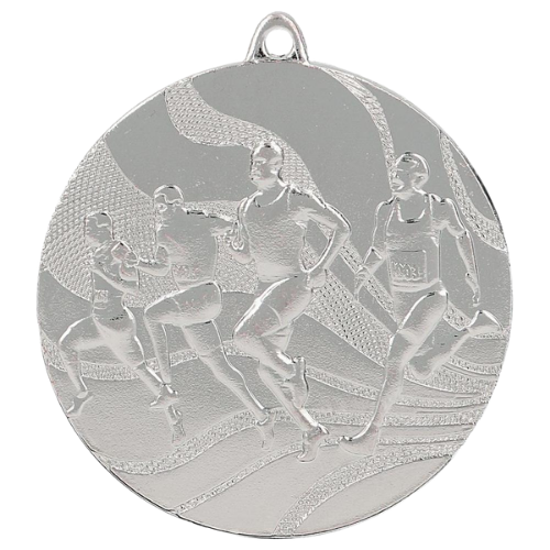 Srebrny medal dla biegacza MMC2350/S – okrągły medal śr. 5 cm z reliefem biegaczy w akcji. Idealna nagroda na maraton, bieg uliczny i zawody lekkoatletyczne.