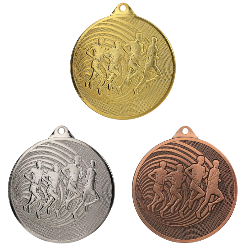 Medale dla biegaczy złoty srebrny brązowy MMC3071 – duże okrągłe medale śr. 7 cm z reliefem grupy biegaczy. Idealna nagroda na maraton, bieg uliczny i szkolne zawody lekkoatletyczne.