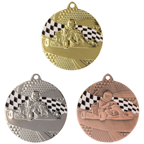 Medale motosportowe złoty srebrny brązowy MMC8350 – okrągłe medale śr. 5 cm z motywem gokarta i flagi szachownicy. Idealna nagroda na zawody kartingowe, wyścigi i inne imprezy motosportowe.