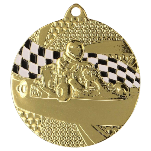 Złoty medal motosportowy MMC8350/G – okrągły medal śr. 5 cm z motywem gokarta i flagi szachownicy. Idealna nagroda na zawody kartingowe i wyścigi.