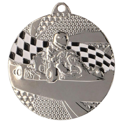 Srebrny medal motosportowy MMC8350/S – okrągły medal śr. 5 cm z motywem gokarta i flagi szachownicy. Idealna nagroda na zawody kartingowe i wyścigi.