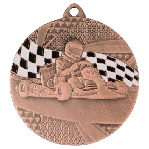 Brązowy medal motosportowy MMC8350/B – okrągły medal śr. 5 cm z motywem gokarta i flagi szachownicy. Idealna nagroda na zawody kartingowe i wyścigi.