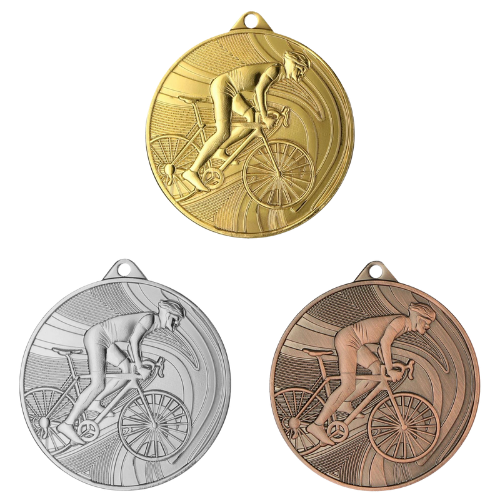 Medale kolarskie złoty srebrny brązowy MMC38050 – okrągłe medale śr. 5 cm z motywem kolarza. Idealna nagroda na wyścigi rowerowe, maratony MTB i zawody kolarskie.