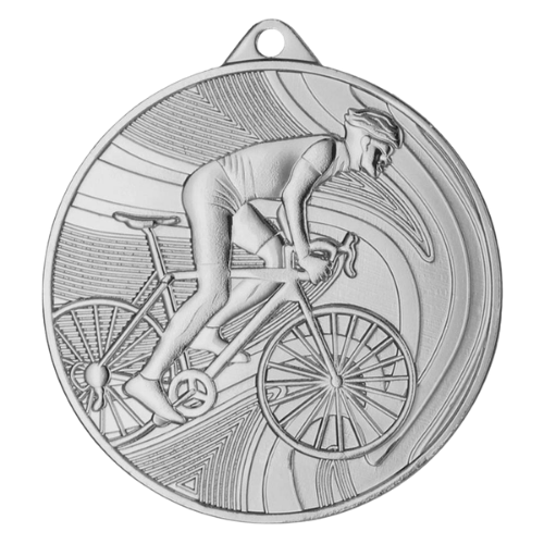 Srebrny medal kolarski MMC38050/S – okrągły medal śr. 5 cm z motywem kolarza. Idealna nagroda na wyścigi rowerowe, maratony MTB i zawody kolarskie.