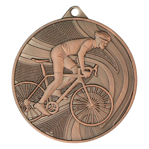 Brązowy medal kolarski MMC38050/B – okrągły medal śr. 5 cm z motywem kolarza. Idealna nagroda na wyścigi rowerowe, maratony MTB i zawody kolarskie.