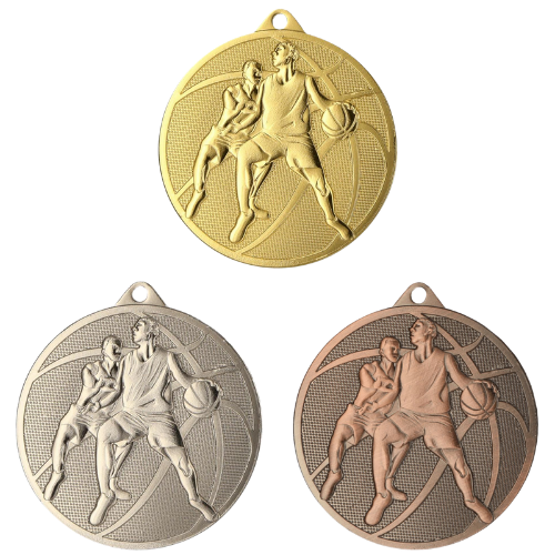 Medale koszykarskie złoty srebrny brązowy MMC40050 – okrągłe medale śr. 5 cm z motywem koszykarza. Idealna nagroda na turniej koszykówki, ligę szkolną i zawody klubowe.