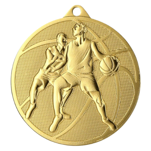 Złoty medal koszykówka MMC40050/G – okrągły medal śr. 5 cm z motywem koszykarza. Idealna nagroda na turniej koszykówki i ligę szkolną.