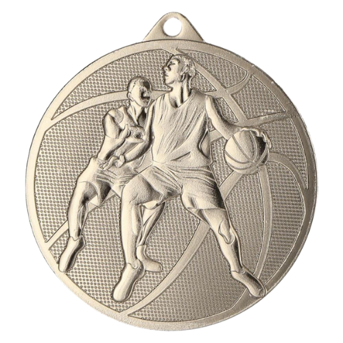 Srebrny medal koszykówka MMC40050/S – okrągły medal śr. 5 cm z motywem koszykarza. Idealna nagroda na turniej koszykówki i ligę szkolną.