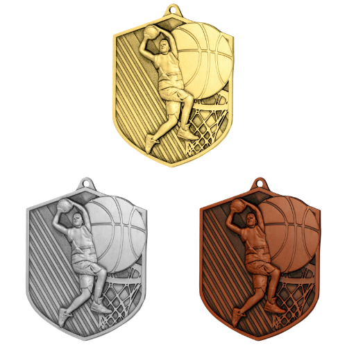 Medale koszykarskie złoty srebrny brązowy MD8048 – odlewane medale 7,9×6,4 cm z reliefem koszykarza i siatki. Idealna nagroda na turniej koszykówki, ligę szkolną i zawody klubowe.
