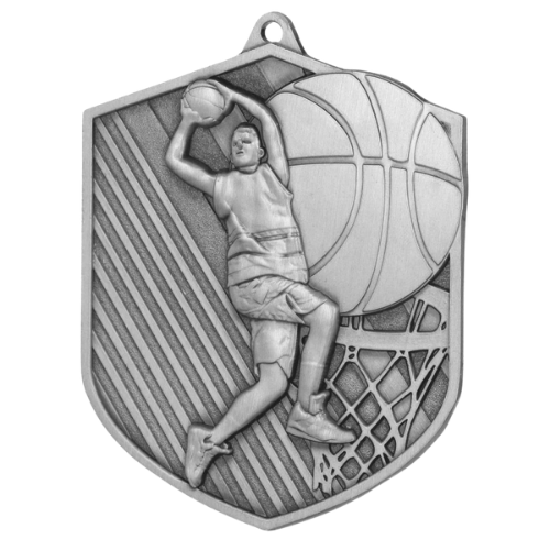 Srebrny medal koszykówka MD8048/S – odlewany medal 7,9×6,4 cm z reliefem koszykarza i siatki. Idealna nagroda na turniej koszykówki i ligę szkolną.