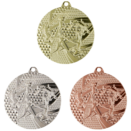 Medale lekkoatletyczne złoty srebrny brązowy MMC8450 – okrągłe medale śr. 5 cm z motywem skoczka i toru lekkoatletycznego. Idealna nagroda na zawody lekkoatletyczne, biegi i skoki.