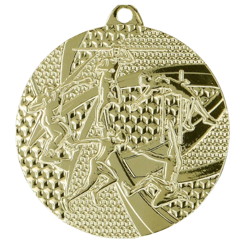 Złoty medal lekkoatletyka MMC8450/G – okrągły medal śr. 5 cm z motywem skoczka. Idealna nagroda na zawody lekkoatletyczne, biegi i skoki.