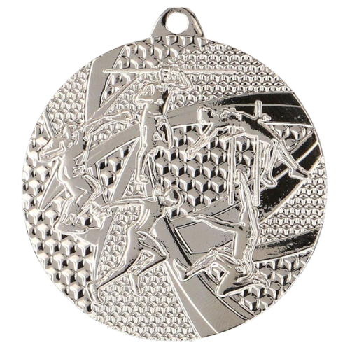 Srebrny medal lekkoatletyka MMC8450/S – okrągły medal śr. 5 cm z motywem skoczka. Idealna nagroda na zawody lekkoatletyczne, biegi i skoki.