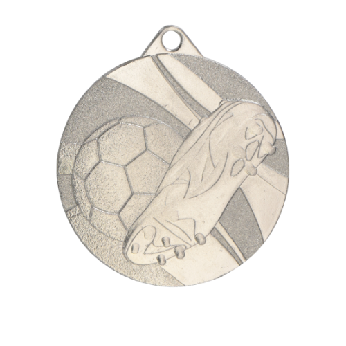 Srebrny medal piłka nożna ME5003/S – stalowy medal z motywem piłki i zawodnika. Idealna nagroda na turniej piłki nożnej i ligę szkolną.