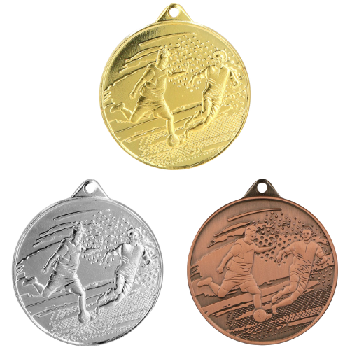 Medale piłkarskie złoty srebrny brązowy MMC1150 – okrągłe medale śr. 5 cm z motywem piłkarza w akcji. Idealna nagroda na turniej piłki nożnej, ligę szkolną i zawody klubowe.