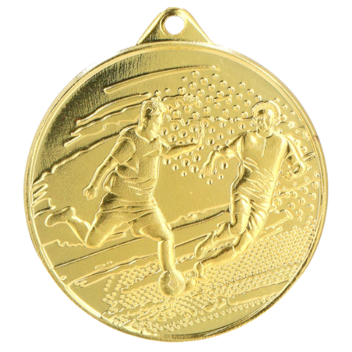 Złoty medal piłka nożna MMC1150/G – okrągły medal śr. 5 cm z motywem piłkarza w akcji. Idealna nagroda na turniej piłki nożnej i ligę szkolną.